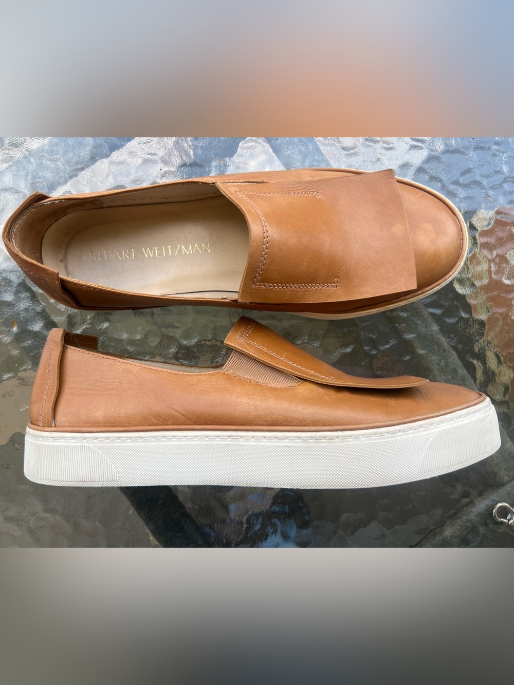 Stuart Weitzman Cognac Leather Slip On Platform Sneakers Size 8 M Made in Spain
